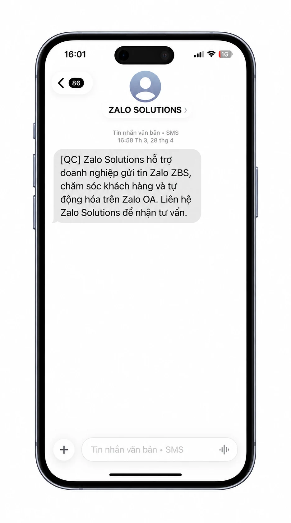 Ví dụ SMS dạng văn bản thuần mang nội dung tư vấn Zalo Solutions