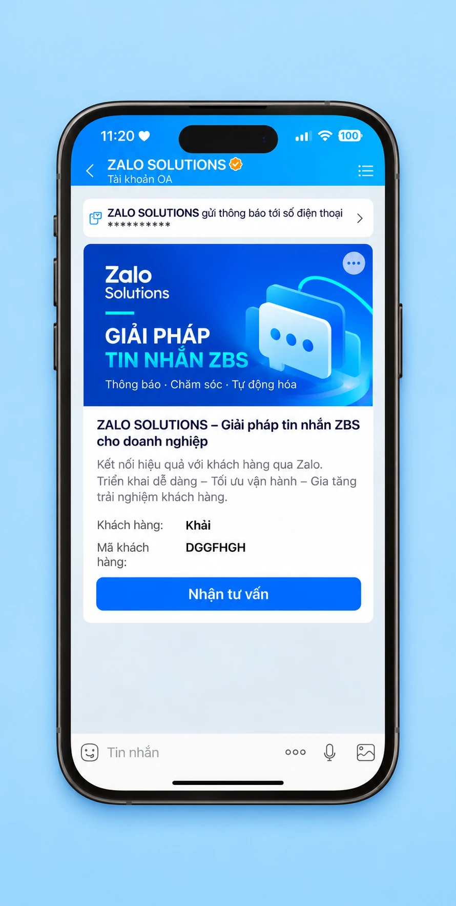 Tin Zalo ZBS từ Zalo Solutions với thẻ dịch vụ và nút nhận tư vấn