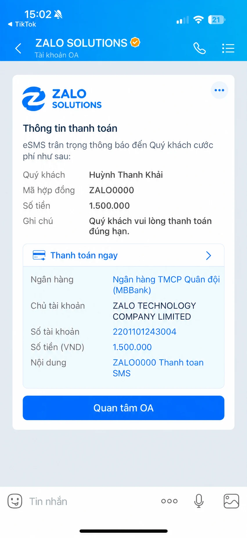 Mẫu thanh toán Zalo Solutions